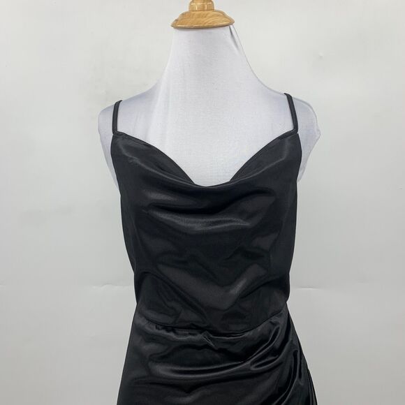 Micas Satin Draped Midi Dress Womens M Medium Black Cowl Neck Sleeveless Stretch - Picture 3 of 13